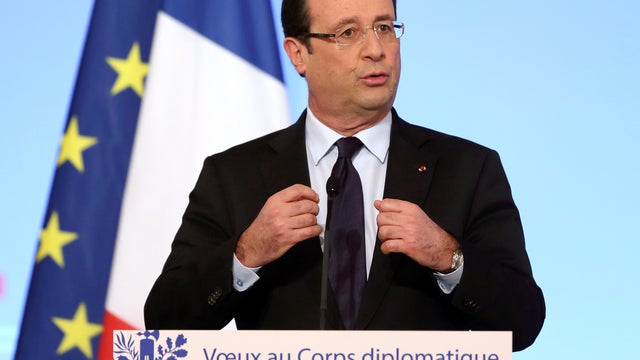 French President Francois Hollande attends a ceremony for diplomats at the Elysee Palace in Paris Jan. 11, 2013. 