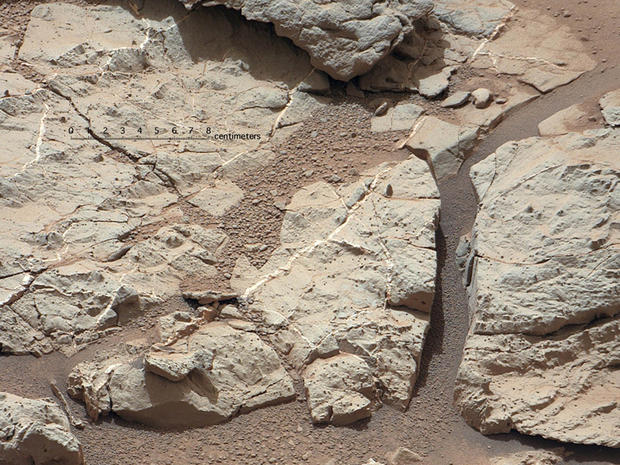 This image of an outcrop at the "Sheepbed" locality, taken by NASA's Curiosity Mars rover with its right Mast Camera (Mastcam), shows show well-defined veins filled with whitish minerals, interpreted as calcium sulfate.  These veins form when water circulates through fractures, depositing minerals along the sides of the fracture, to form a vein. These veins are Curiosity's first look at minerals that formed within water that percolated within a subsurface environment. These vein fills are characteristic of the stratigraphically lowest unit in the "Yellowknife Bay" area -- known as the Sheepbed Unit.  Mastcam obtained these images the 126th Martian day, or sol, of Curiosity's mission on Mars (Dec. 13, 2012). The view covers an area about 16 inches (40 centimeters) across. A superimposed scale bar is 8 centimeters (3.15 inch) long. 
