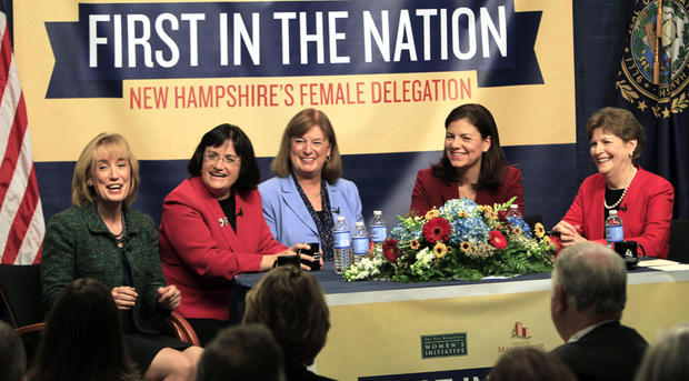 The five women holding New Hampshire's top political offices, from left, Gov.-elect Maggie Hassan, U.S. Reps.-elect Ann McLane Kuster and Carol Shea-Porter, and U.S. Sens. Kelly Ayotte and Jeanne Shaheen discuss what their lives are like as female politicians during a panel discussion Friday Dec. 7, 2012 at the Institute of Politics at Saint Anselm College in Manchester, N.H. 