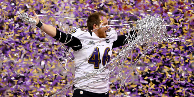 organ Cox #46 of the Baltimore Ravens celebrates after defeating the San Francisco 49ers during Super Bowl XLVII at the Mercedes-Benz Superdome on February 3, 2013 in New Orleans, Louisiana. (Photo by Al Bello/Getty Images)  