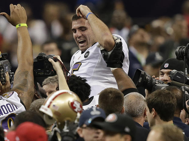 Baltimore Ravens quarterback Joe Flacco (5) is lifted into the air by teammates after defeating the San Francisco 49ers 34-31 in the NFL Super Bowl XLVII football game, Sunday, Feb. 3, 2013, in New Orleans. 