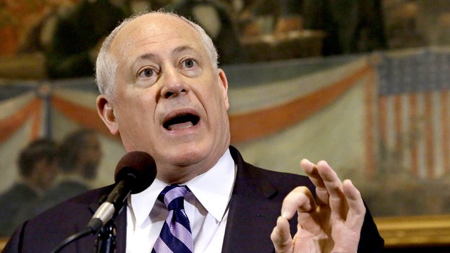 Illinois Gov. Pat Quinn speaks to reporters in his office at the Illinois State Capitol Tuesday, Jan. 8, 2013 in Springfield Ill. Illinois' unfunded pension liability is about $96 billion.  