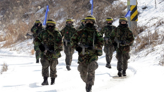 South Korean soldiers on a road during an exercise near the border village of Panmunjom 