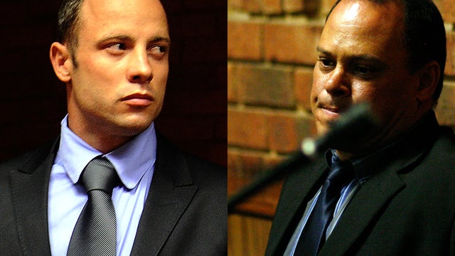 This photo combination shows South African Olympic sprinter Oscar Pistorius, left, and detective Hilton Botha at Pretoria Magistrate's Court in Pretoria, South Africa, Feb. 21, 2013. 