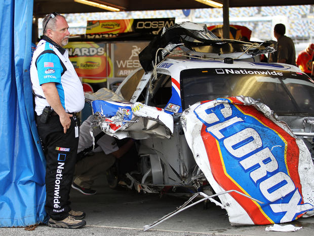 The Clorox Chevrolet driven by Kyle Larson is seen following an incident at the finish of the NASCAR Nationwide Series auto race at Daytona International Speedway Feb. 23, 2013, in Daytona Beach, Fla. 