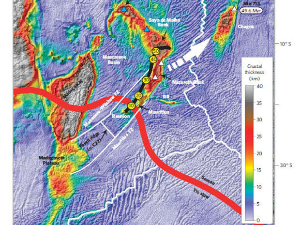 This map shows the thickness of the crust around the Mauritius and Reunion Island region. The circled numbers note how many millions of years ago the mantle plume there was beneath or near the Indian and African tectonic plates. 