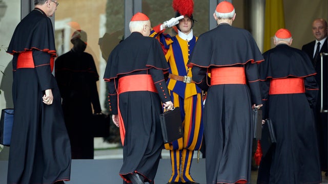 Cardinals arrive for a meeting as a Swiss guard salutes them at the Vatican 