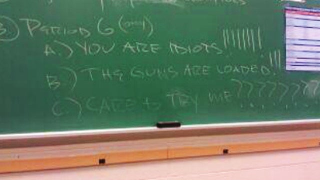 Threats WBBM-TV reports a Lake Station, Ind. high school teacher admits leaving are seen on blackboard. Teacher has been removed from class pending results of investigation. 
