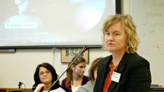 Tammi Kromenaker, director of Fargo's Red River Women's Clinic, testifies before the House Human Services Committee on Jan. 31, 2013 in Bismarck, N.D.  