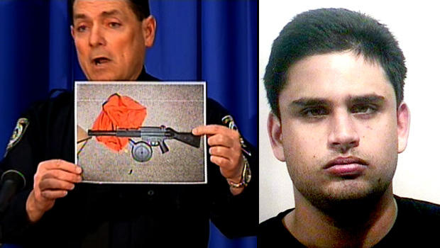 At left, University of Central Florida Police Chief Richard Beary holds a photograph of a gun found in James Seevakumaran's room. At right, the student is pictured in a mugshot in 2006. 
