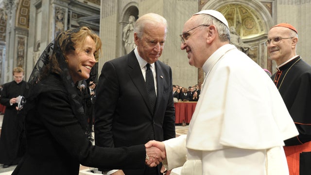 In this photo provided by the Vatican paper L'Osservatore Romano, Pope Francis meets U.S. Vice President Joe Biden and his sister, Valerie Biden Owens, after his installation Mass at the Vatican on Tuesday, March 19, 2013.  