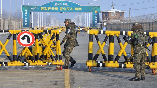 South Korean soldiers set up barricades across the road linking North Korea's Kaesong Industrial Complex to the South 
