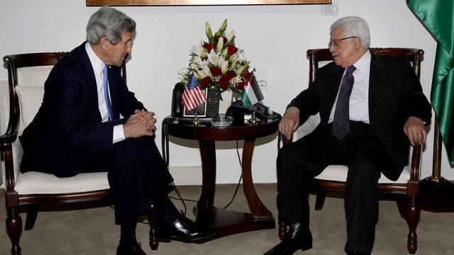 Palestinian President Mahmoud Abbas, right, meets with U.S. Secretary of State John Kerry in the West Bank city of Ramallah Sunday, April 7, 2013. 