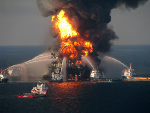 In this handout image provided be the U.S. Coast Guard, fire boat response crews battle the blazing remnants of the off shore oil rig Deepwater Horizon in the Gulf of Mexico on April 21, 2010 near New Orleans, Louisiana.   