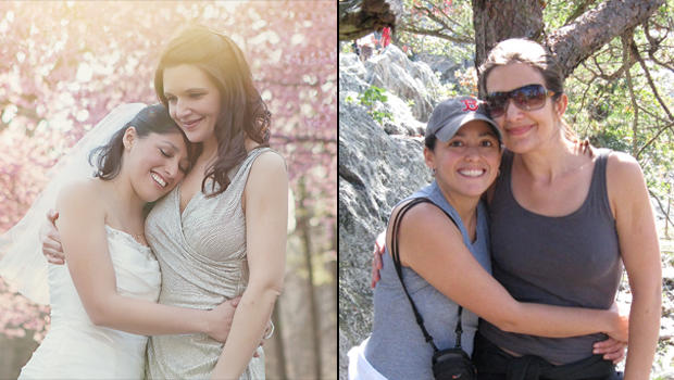 Jessica Chipoco and Lindsey Dawson on their wedding day and on one of their favorite hiking trails. 