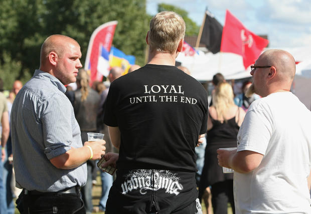  A participant wears a t-shirt reading 'Loyal Until the End' at the German far-right Nationaldemokratische Partei Deutschlands - Die Volksunion (National Democratic Party, NPD) 'Pressefest' summer festival, organized by the party's publication, the 'Deuts 