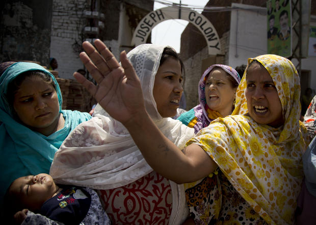 Angry Pakistani Christians protest the beating of a young Christian man from the Joseph Colony 