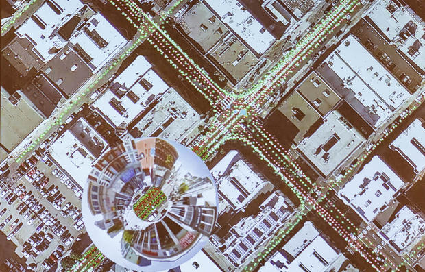 The Atlas tool lets Google Maps staffers hover over the map and see a fisheye-lens view of a particular point on a road. The bubble shows images taken with Street View. 