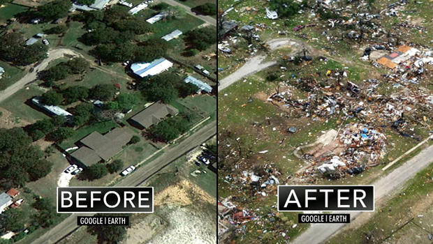 A satellite photo of Granbury, Texas before and after a 200 mph-tornado ripped through the area Wednesday night. 