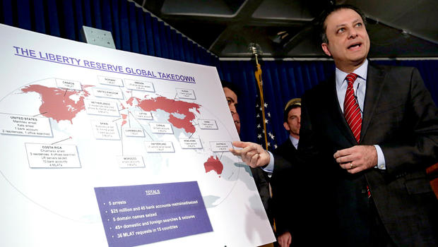 Preet Bharara, U.S. Attorney for the Southern District of New York, describes a chart showing the global interests of Liberty Reserve, during a news conference in New York, Tuesday, May 28, 2013. 