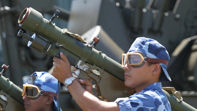 A picture of an SA-7 surface-to-air missile, held by a Nicaraguan on September 2, 2003.  