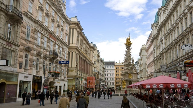 General view of a pedestrian street in the center of Vienna near St. Stephen's Cathedral.  
