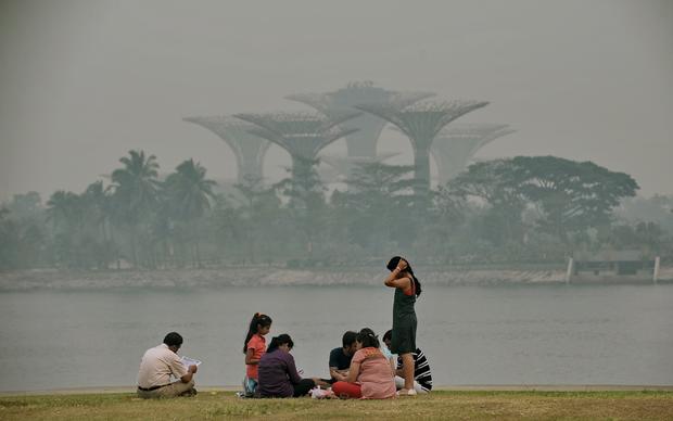 A group of people sit along the bay as the Garden by the Bay's Super Trees are shrouded by haze in Singapore 