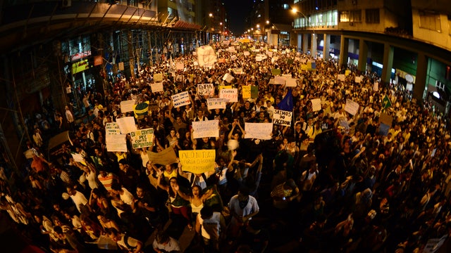 Thousands of demonstrators march in downtown Niteroi, near Rio de Janeiro 