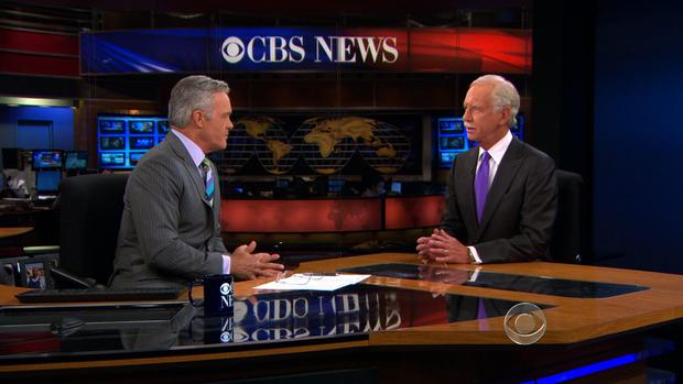 "CBS Evening News" anchor Scott Pelley interviews Capt. Chesley "Sully" Sullenberg on July 8, 2013. 