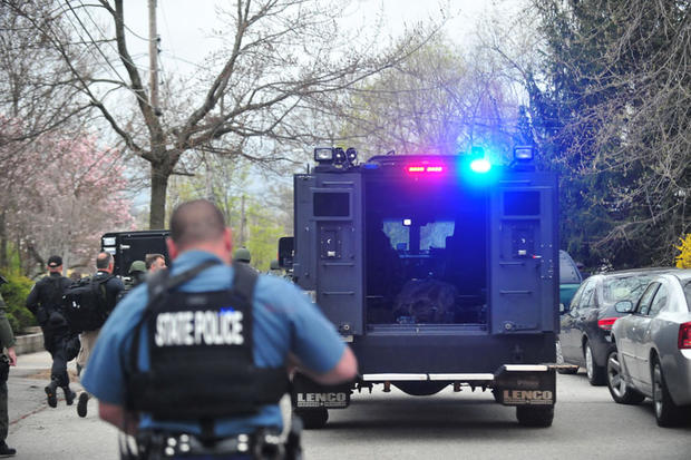 A state police tactical response vehicle arrives in Watertown during the manhunt for Dzhokhar Tsarnaev on April 19, 2013. 