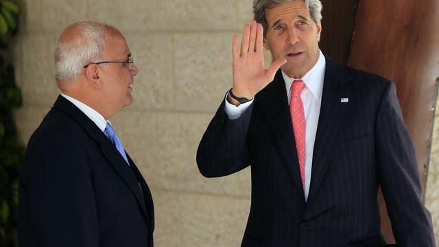 Secretary of State John Kerry with Palestinian Chief of Negotiator Saeb Erekat  