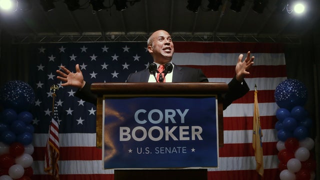 Newark Mayor and U.S. Senate candidate Cory Booker addresses a gathering after winning the Democratic primary election for the seat vacated by the late U.S. Sen. Frank Lautenberg, Tuesday, Aug. 13, 2013, in Newark, N.J.  