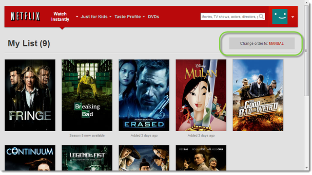 Netflix My List change to manual order 