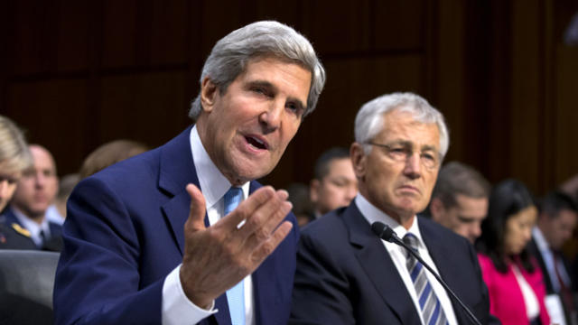 ecretary of State John Kerry, left, and Defense Secretary Chuck Hagel, right, appear before the Senate Foreign Relations Committee to advance President Barack Obama's request for congressional authorization for military intervention in Syria, a response t 