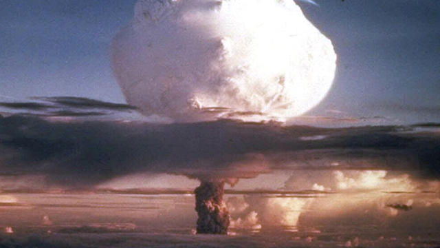 A hydrogen bomb explodes on Eniwetok Atoll, Marshall Islands, Nov. 1, 1952. 