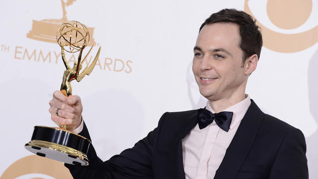 Jim Parsons poses backstage with award for outstanding lead actor in a comedy series for his role on "The Big Bang Theory" at 65th Primetime Emmy Awards at Nokia Theatre on Sept. 22, 2013, in Los Angeles 