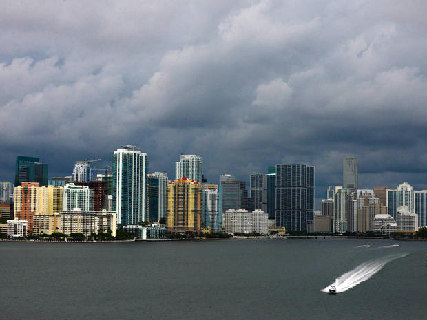 Downtown Miami is engulfed in storm clouds as Tropical Storm Karen heads toward Florida's Panhandle Oct. 3, 2013. 