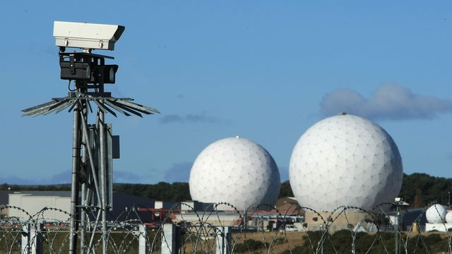 A security camera overlooks the radar domes of RAF Menwith Hill in North Yorkshire 