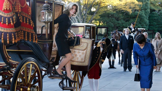 U.S. Ambassador to Japan Caroline Kennedy steps out from a horse-drawn imperial carriage upon her arrival at the Imperial Palace in Tokyo 