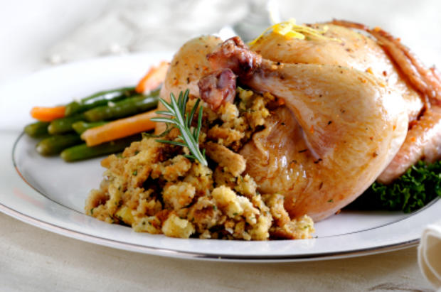 Cornish hen with stuffing and beans on a white background. 