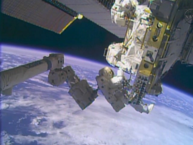 Astronauts Rick Mastracchio and Mike Hopkins during spacewalk to repair International Space Station cooling system on Dec. 24, 2013 