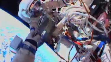 Russian cosmonauts Oleg Kotov and Sergey Ryazanskiy during Dec. 27, 2013 spacewalk 