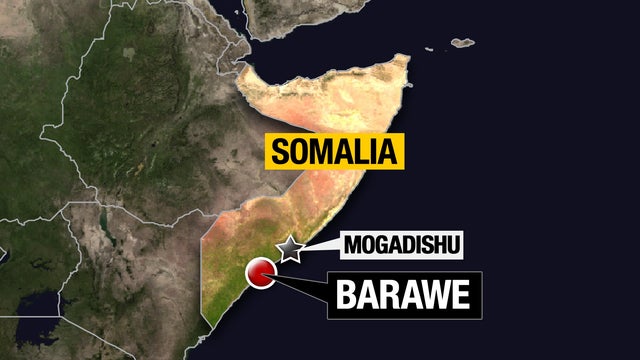 Map of Somalia showing capital city Mogadishu, and Barawe in south 