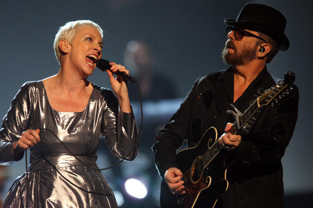 Annie Lennox and Dave Stewart of the Eurythmics perform at "The Night that Changed America: A Grammy Salute to the Beatles," Jan. 27, 2014, in Los Angeles. 