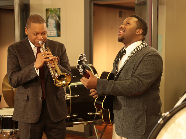 Wynton Marsalis performs with a young jazz guitarist at Arts High School in Newark, N.J. 