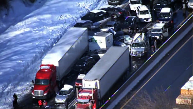A massive pileup is seen on the Pennsylvania Turnpike in this aerial view Feb. 14, 2014. 