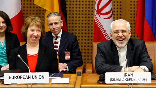 EU foreign policy chief Catherine Ashton and Iranian Foreign Minister Mohammad Javad Zarif attend the last day of the EU talks with Iran at the U.N. headquarters in Vienna Feb. 20, 2014. 