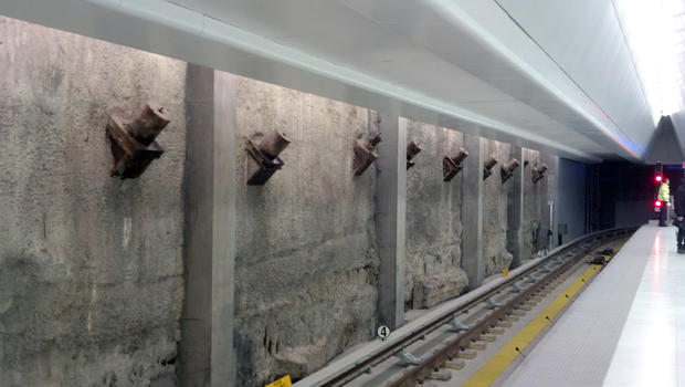 Original slurry walls remain at Platform A in the new WTC PATH station 