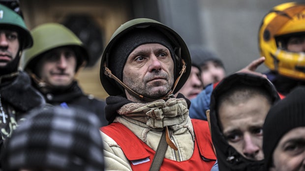 Protesters of the "Self Defense of Maidan" guard the Ukrainian Parliament Feb. 27, 2014, in Kiev, Ukraine. 