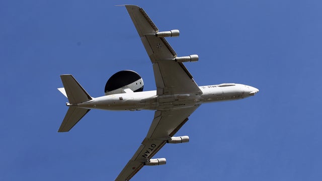 A NATO E-3A airborne warning and control system (AWACS) aircraft takes off from the NATO air base in Geilenkirchen, Germany 